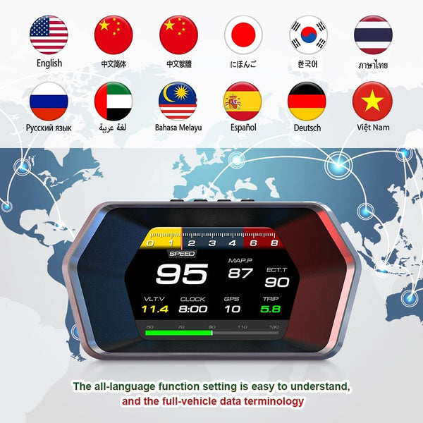 AMHVMU P17 HUD car heads up display,digital speedometer car mph,OBD2 plus GPS Dual System,Heads up Display Car,Water Temperature Gauge,Tachometer,Suitable for all Vehicle Models