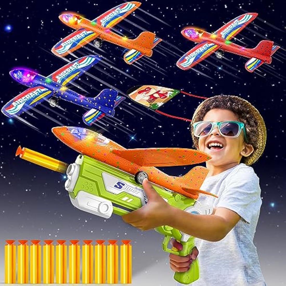 Doloowee 4 IN 1 Airplane Launcher Toys, LED Foam Glider Airplane Catapult, 2 Flight Modes, Outdoor Sports Flying Toys 3-12 Years Old Boys Girls Birthday Gifts