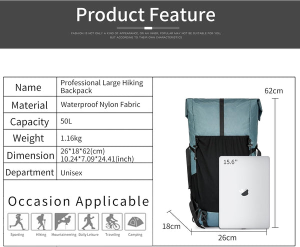 POWER KING 40L Expandable TO 50L Hiking Backpack,Upgraded X-PAC Scratch-proof Lightweight Large Rucksack for Mens Women, Outdoor Roll Top Camping Packsack, Fit for 15.6'' Laptop