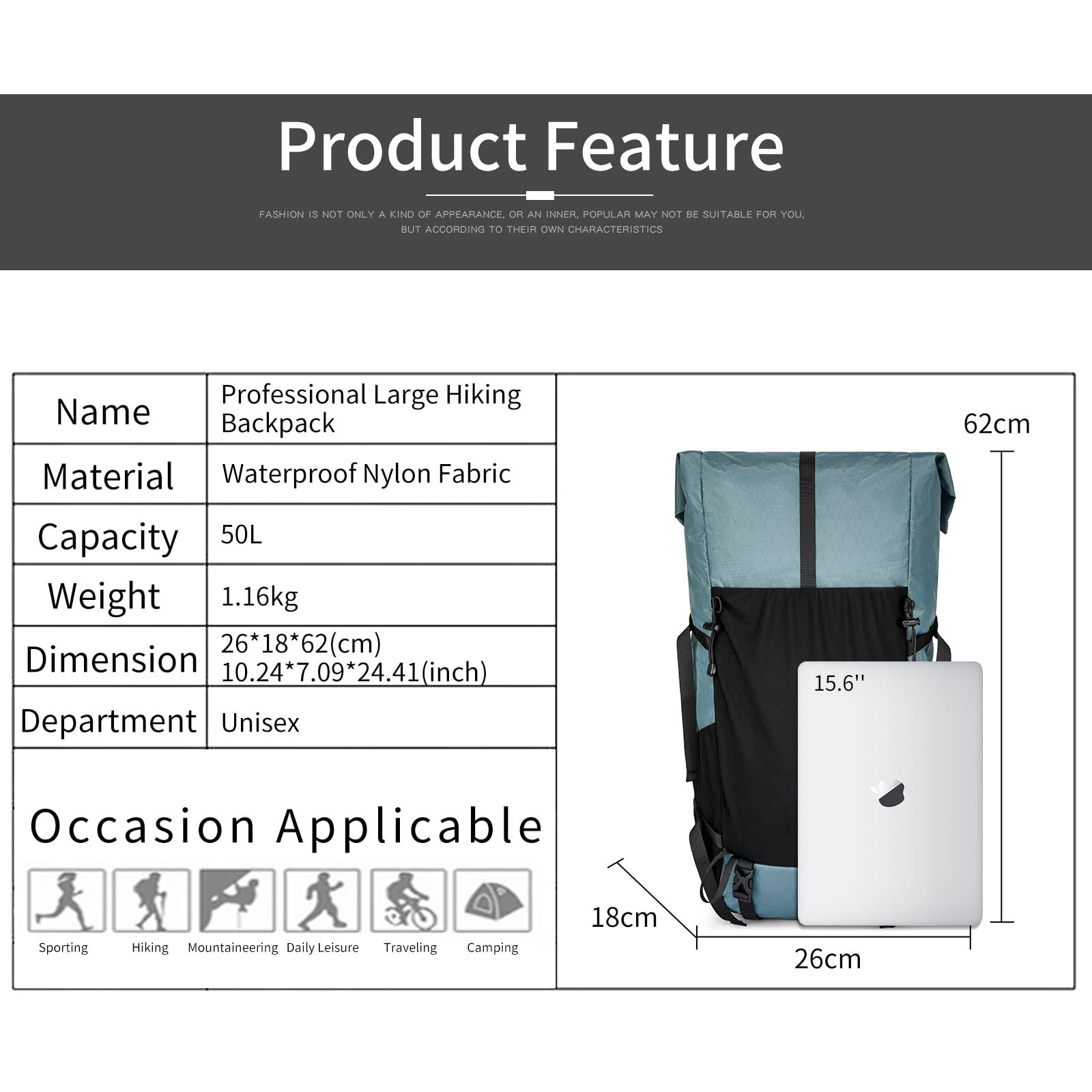 POWER KING 40L Expandable TO 50L Hiking Backpack,Upgraded X-PAC Scratch-proof Lightweight Large Rucksack for Mens Women, Outdoor Roll Top Camping Packsack, Fit for 15.6'' Laptop