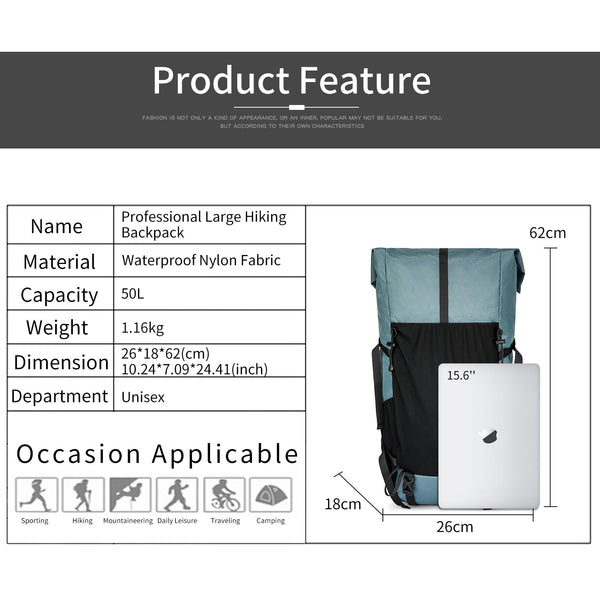 POWER KING 40L Expandable TO 50L Hiking Backpack,Upgraded X-PAC Scratch-proof Lightweight Large Rucksack for Mens Women, Outdoor Roll Top Camping Packsack, Fit for 15.6'' Laptop