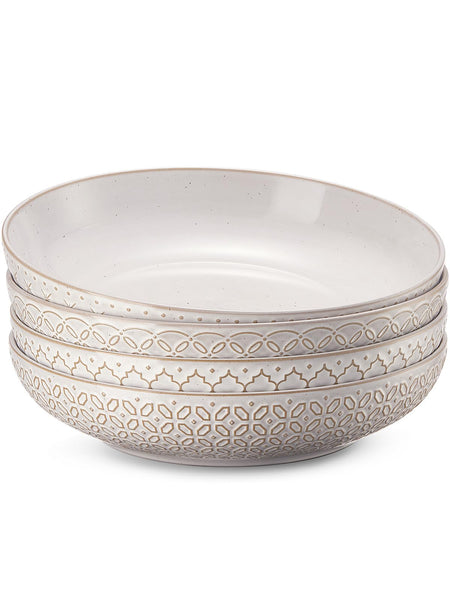 DOWAN Pasta Bowls Set of 4, 1660ml Large Salad Bowl, 25.2cm Wide and Shallow, Deep Soup Plates for Kitchen, Embossment Ceramic Serving Plate for