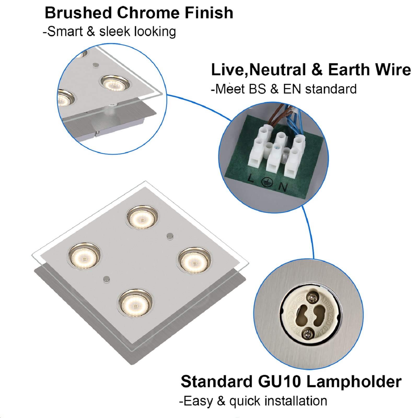 Allesgute Modern 4 Way Flush Ceiling Light for Living Room Square Kitchen Lights Fitting with GU10 Spot Light Bulbs Cool White Included