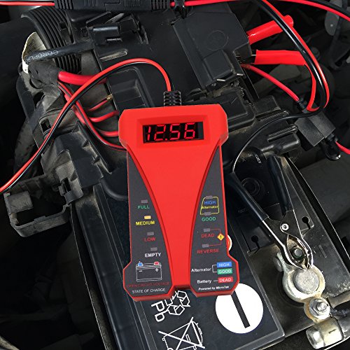 MOTOPOWER 12V Digital Battery Tester Voltmeter and Alternator Charging System Analyzer with LCD Display and LED Indication, Black Rubber Paint