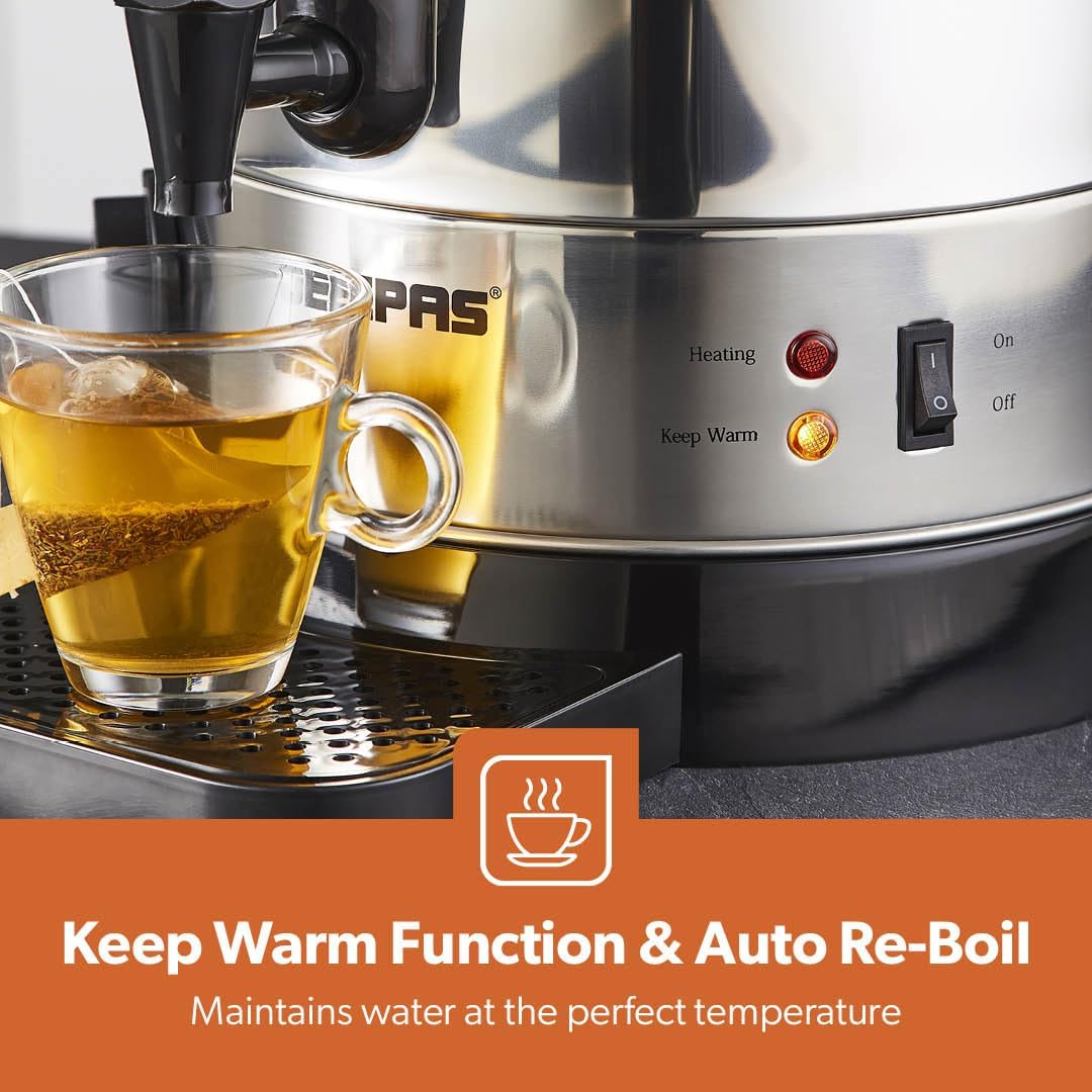 Geepas Electric Catering Urn, 1650W Instant Hot Water Boiler Dispenser - Tea Urn Kettle Home Brewing Commercial Office Use with Keep Warm - Easy Pour Tap, 15 Litre, Stainless Steel – 2 Year Warranty