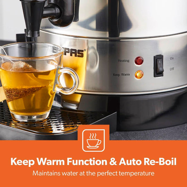 Geepas Electric Catering Urn, 1650W Instant Hot Water Boiler Dispenser - Tea Urn Kettle Home Brewing Commercial Office Use with Keep Warm - Easy Pour Tap, 15 Litre, Stainless Steel – 2 Year Warranty