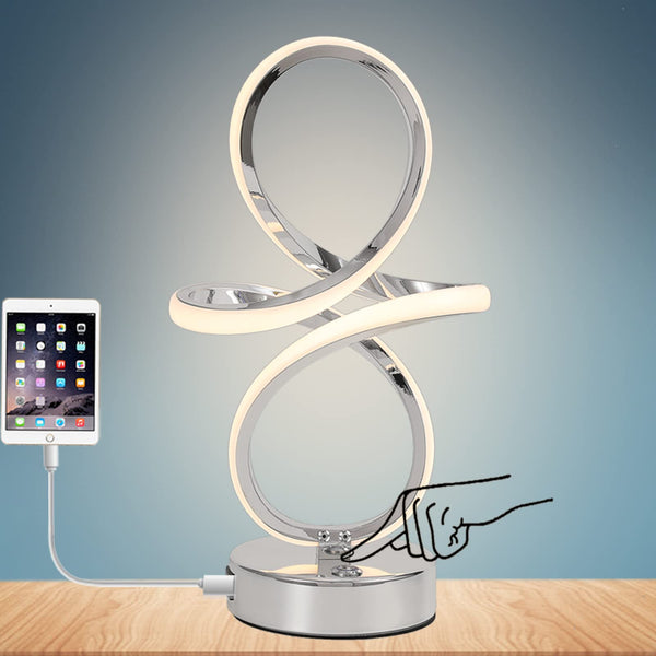 EIDISUNY LED Table Lamp Dimmable Touch Control Table Lamp Silver Curved LED USB Charge Bedside Lamp for Bedroom Office Living Room Creative Modern