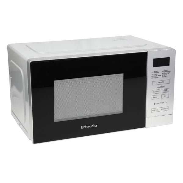 EMtronics 20 Litre 700W Digital Microwave with 800w Grill, 10 Power Levels, 8 Preset Options, Defrost Function and Cavity Light - Silver