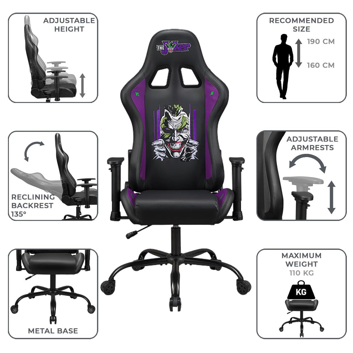 Subsonic Joker - Gaming chair or office chair, adult gamer chair, comfortable seat, integrated headrest, adjustable armrests and height, ergonomic backrest - Black