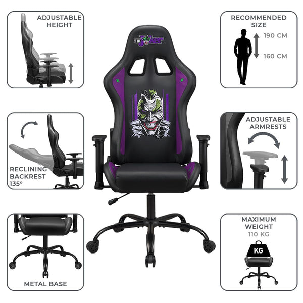 Subsonic Joker - Gaming chair or office chair, adult gamer chair, comfortable seat, integrated headrest, adjustable armrests and height, ergonomic backrest - Black