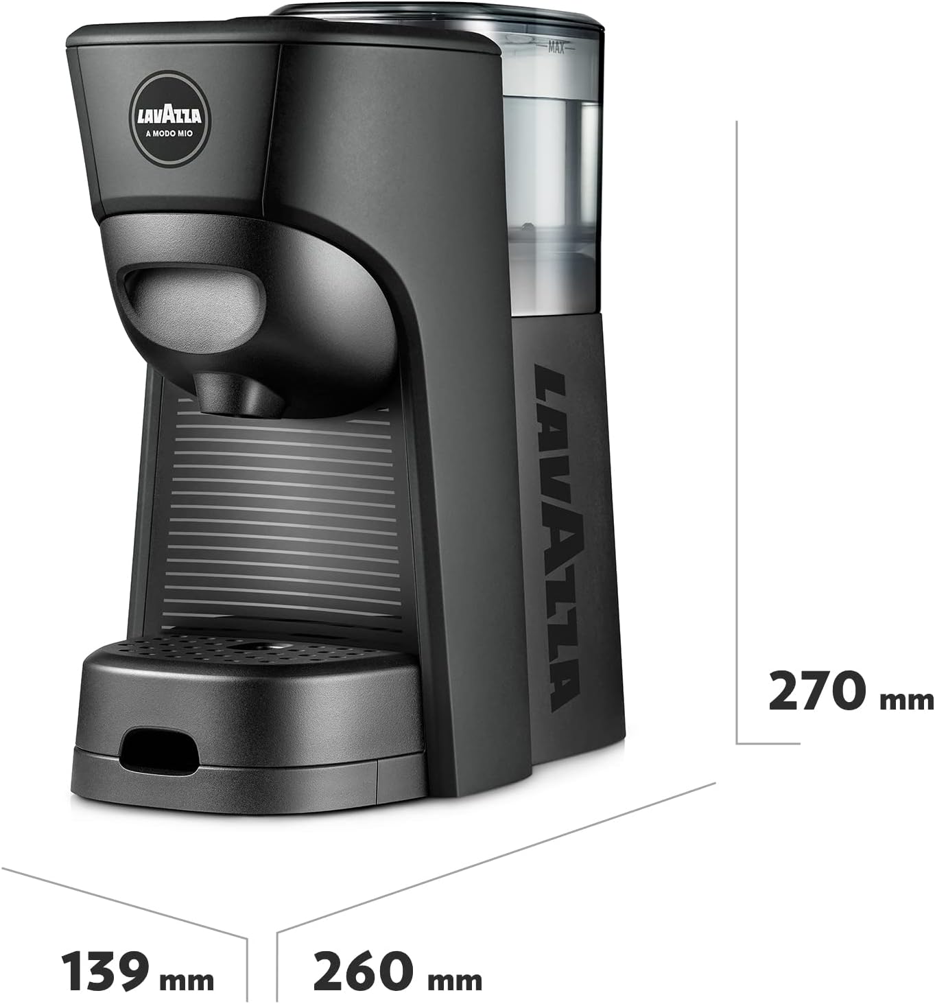 Lavazza, A Modo Mio Tiny Eco, Coffee Capsule Machine, Compact, Compatible with A Modo Mio Coffee Pods, with Automatic Shut-Off, Removable and Adjustable Cup Rest, 1450 W, 220-240 V AC, 50-60 Hz, Black