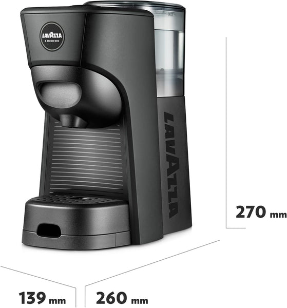 Lavazza, A Modo Mio Tiny Eco, Coffee Capsule Machine, Compact, Compatible with A Modo Mio Coffee Pods, with Automatic Shut-Off, Removable and Adjustable Cup Rest, 1450 W, 220-240 V AC, 50-60 Hz, Black