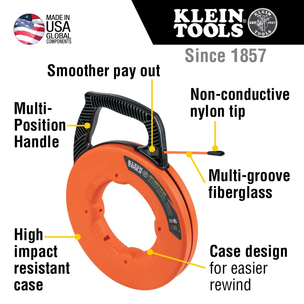 KLEIN TOOLS 56382 Fish Tape, Multi-Groove Fiberglass Wire Puller with Nylon Tip, Optimized Housing and Handle,Orange/Black, 15 m