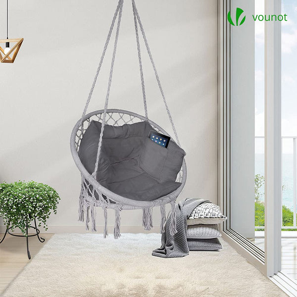 VOUNOT? Hanging Chair with Cushion, Macrame Hammock Swing Chair for Bedroom, Balcony, Patio, Garden, Indoor or Outdoor, 265LBS Capacity, Grey