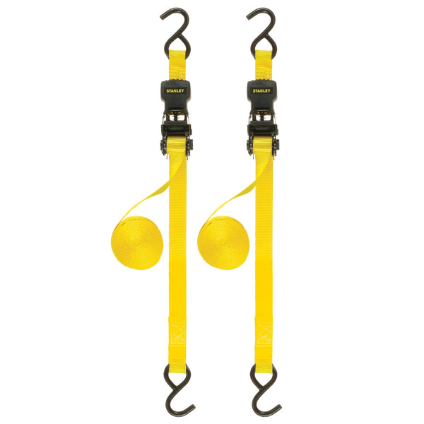 STANLEY S1007 Black/Yellow 1.5" x 16' Ratchet Tie Down Straps - 1,100 lb Safe Working Load / 3,300 lb Break Strength, 2 Pack