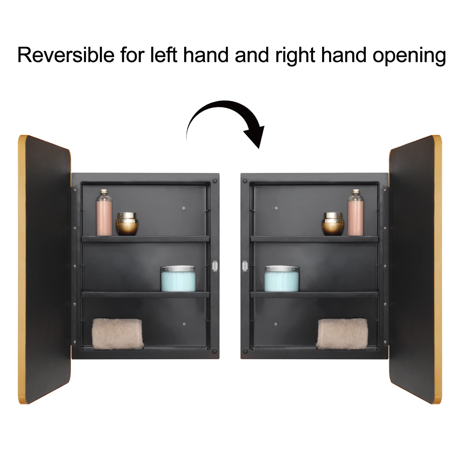 Fundin Plastic Mirror Cabinet, Beveled Edge Mirror Door with Round Corner Metal Frame, Recessed and Surface Mount, Golden,40 X 61 CM