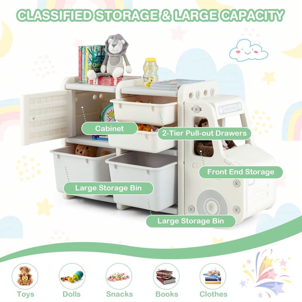 COSTWAY Kids Storage Units, Children Toy Organizer with Plastic Bins, Pull-Out Drawers and Door Cabinet, Toddler Storage Chest for Nursery Playroom Bedroom (Car Shape, 112 x 35 x 66cm)