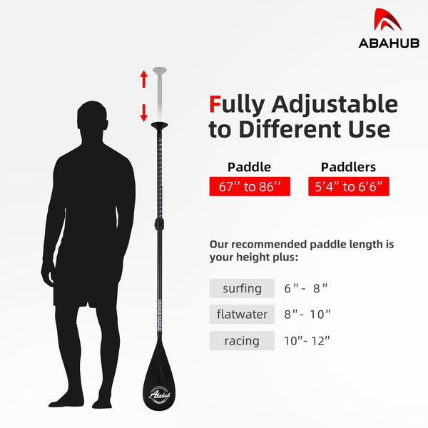 Abahub Carbon SUP Paddles, 1 x 3 Section Adjustable 67" - 86" Carbon Fiber Shaft, Lightweight Stand-up Paddle Oars for Paddleboard, Black Print