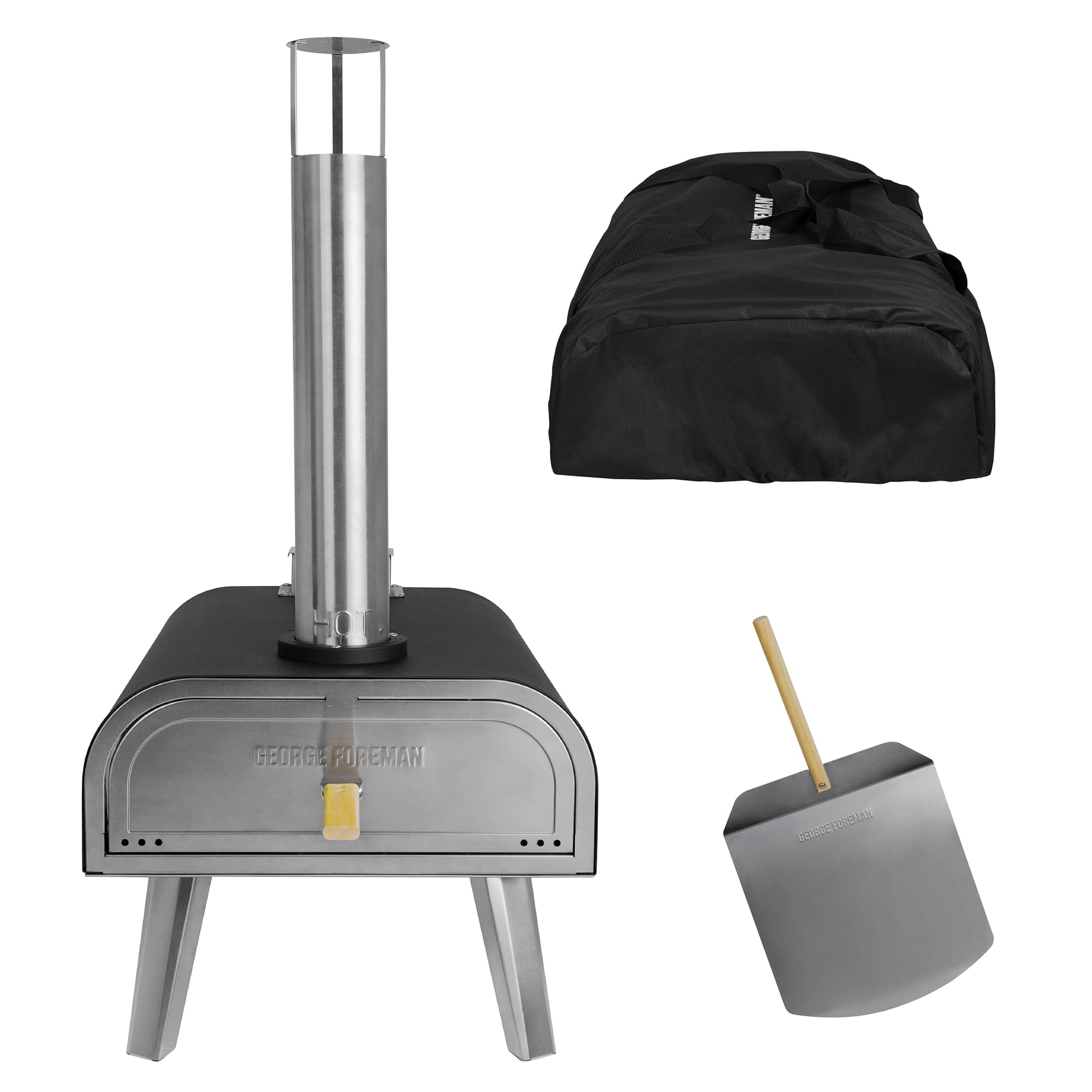 George Foreman Outdoor 12 Inch Wood Pellet Portable Wood Fired Pizza Oven Stainless Steel with Paddle and Carry Bag, BBQ Oven & Smoker, Foldable Legs GFWPPO1SSPC