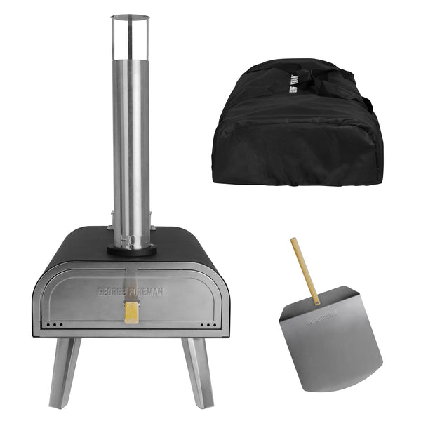 George Foreman Outdoor 12 Inch Wood Pellet Portable Wood Fired Pizza Oven Stainless Steel with Paddle and Carry Bag, BBQ Oven & Smoker, Foldable Legs GFWPPO1SSPC