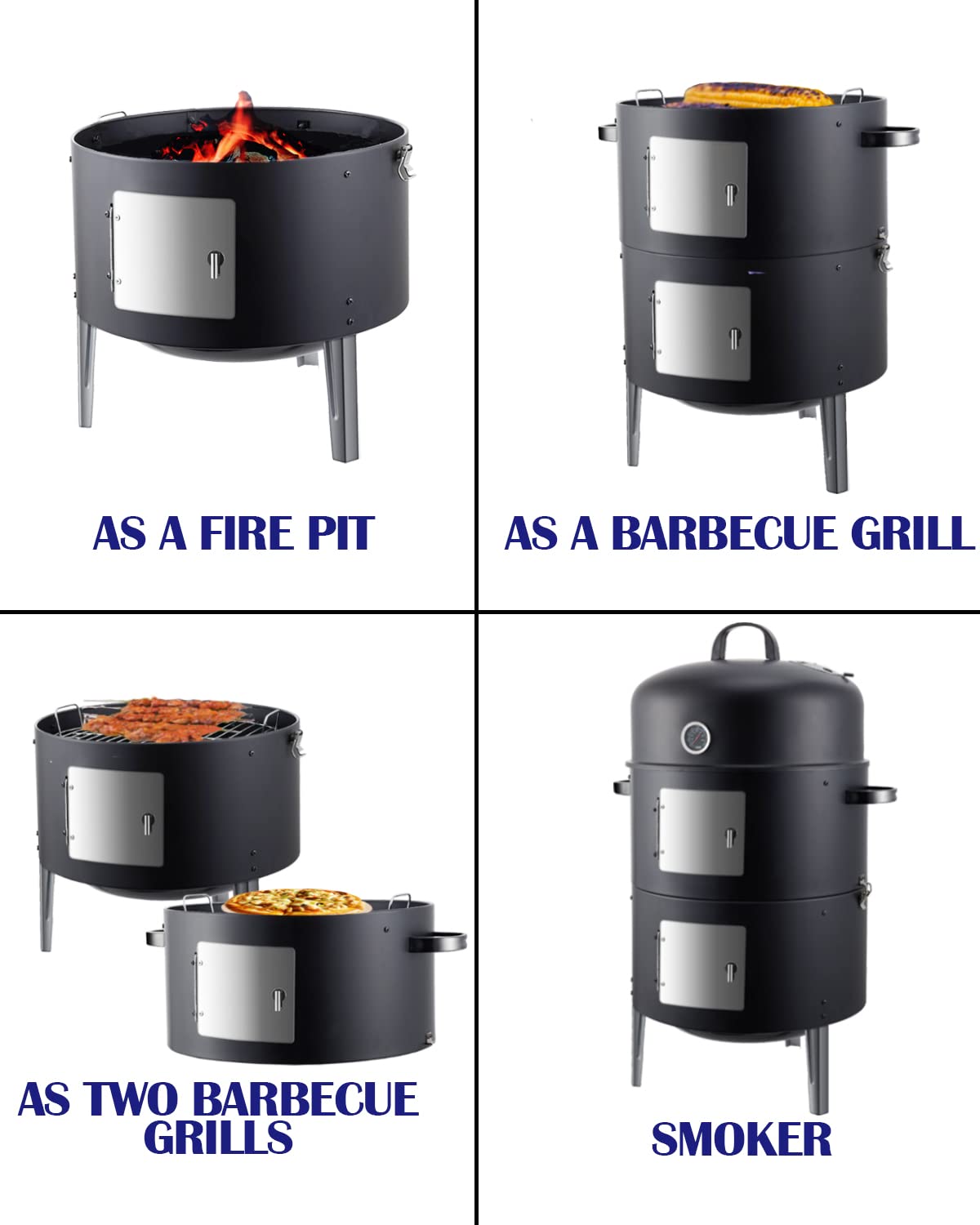 SUNLIFER Charcoal BBQ Grill, Heavy Duty 3-in-1 Barbecue Smoker Grill for Garden Camping Outdoor Cooking and Grilling 89x56x43CM