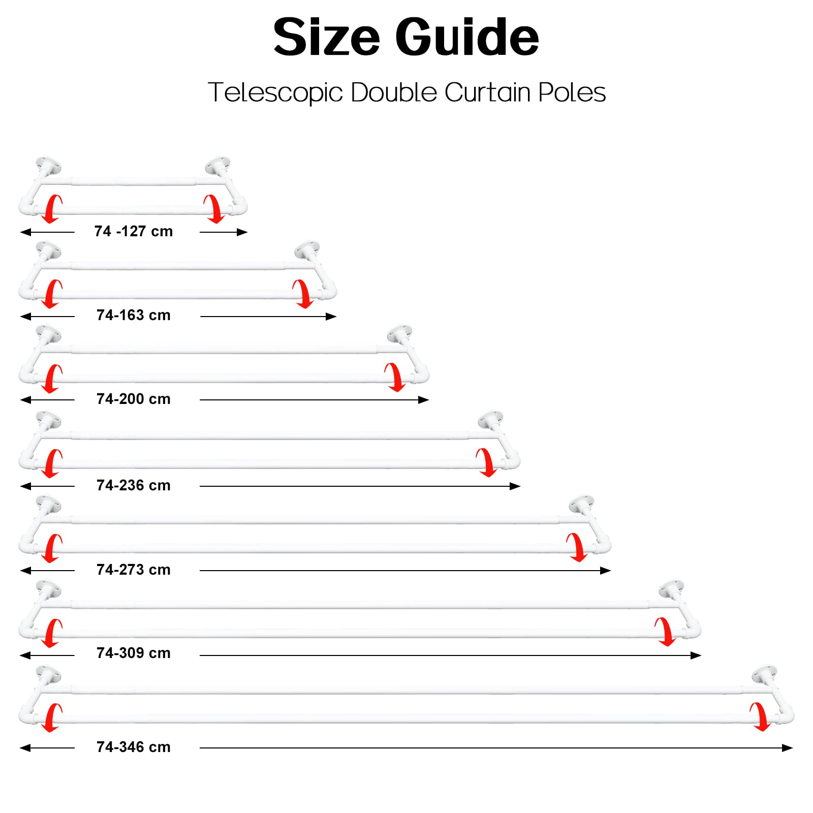 Harrms Industrial Double Curtain Pole, Curtain Poles for Eyelet Curtains, Matt White, 74-273cm, Extendable Metal Curtain Rod Blackout Room Darkening