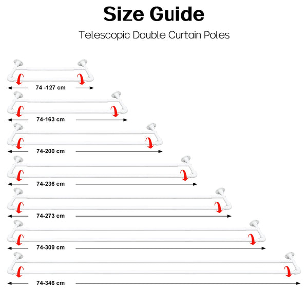 Harrms Industrial Double Curtain Pole, Curtain Poles for Eyelet Curtains, Matt White, 74-236cm, Extendable Metal Curtain Rod Blackout Room Darkening