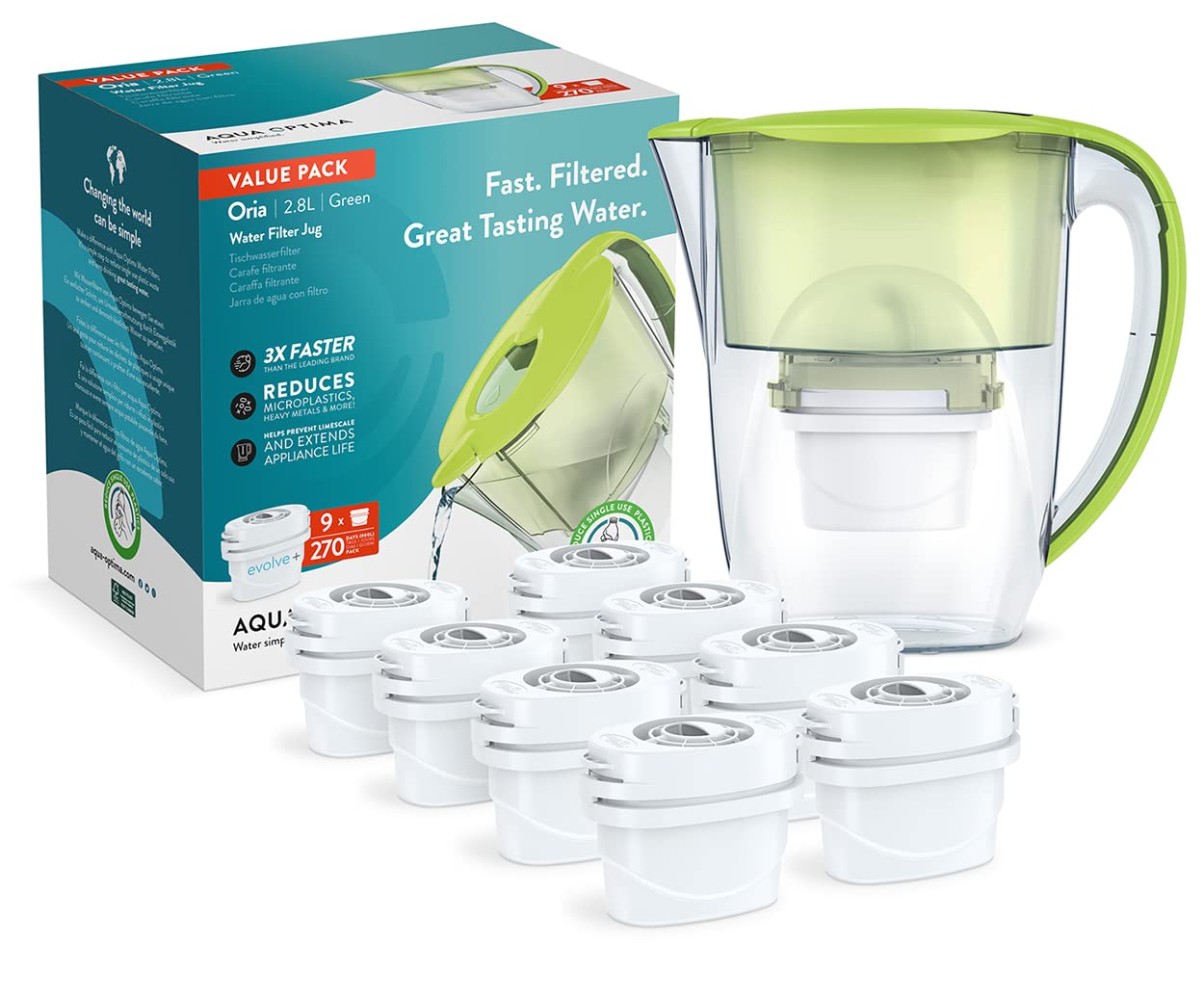 Aqua Optima Oria Water Filter Jug & 9 Evolve+ Filter Cartridges, 2.8L, Green - Fridge & Dishwasher Friendly - Reduces Limescale, Chlorine and Other