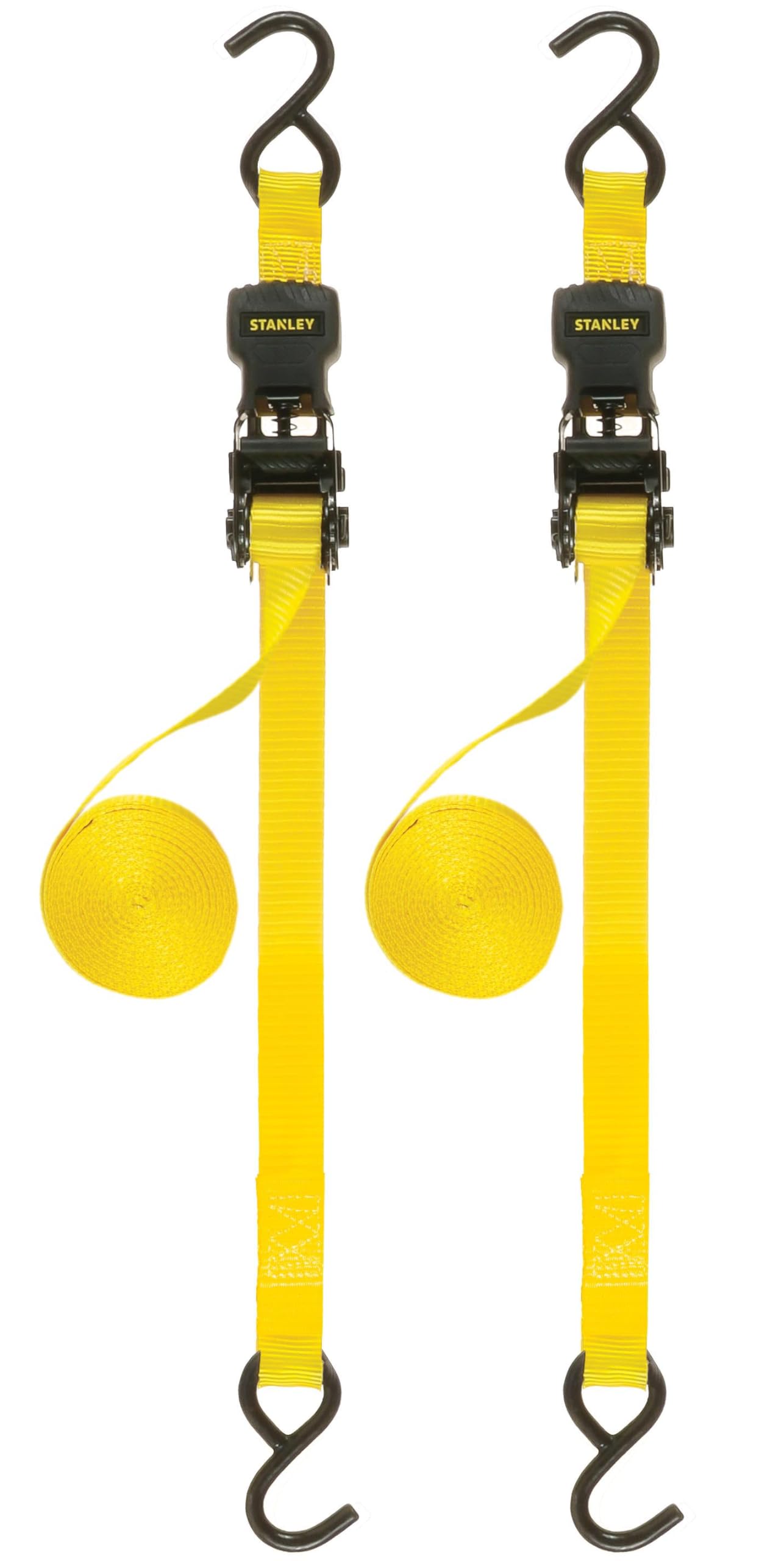 STANLEY S1007 Black/Yellow 1.5" x 16' Ratchet Tie Down Straps - 1,100 lb Safe Working Load / 3,300 lb Break Strength, 2 Pack
