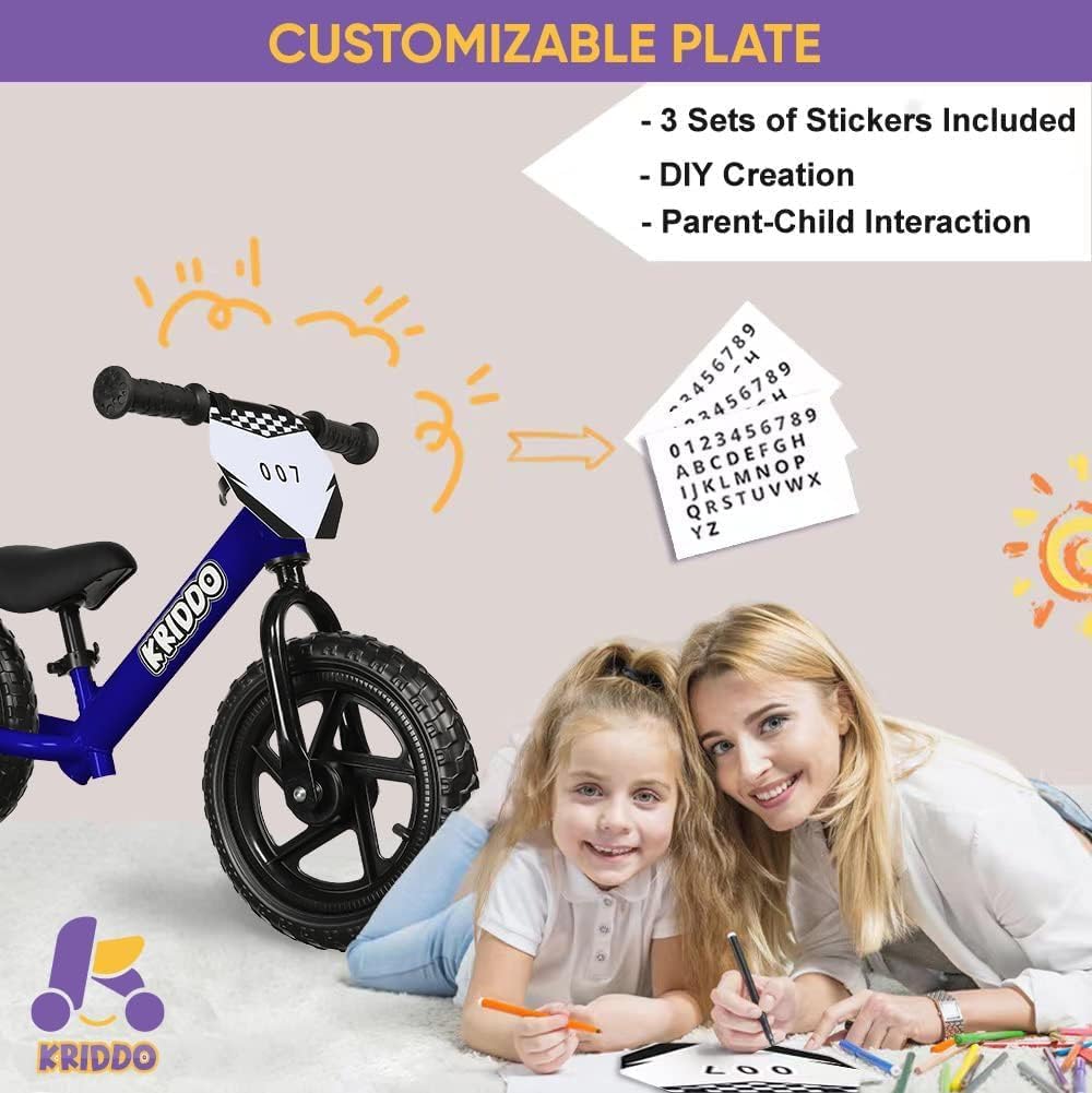 KRIDDO Toddler Balance Bike 2 Year Old, Age 18 Months to 5 Years Old, 12 Inch Push Bicycle with Customize Plate (3 Sets of Stickers Included), Gift Bike for 2-3 Boys Girls, Blue