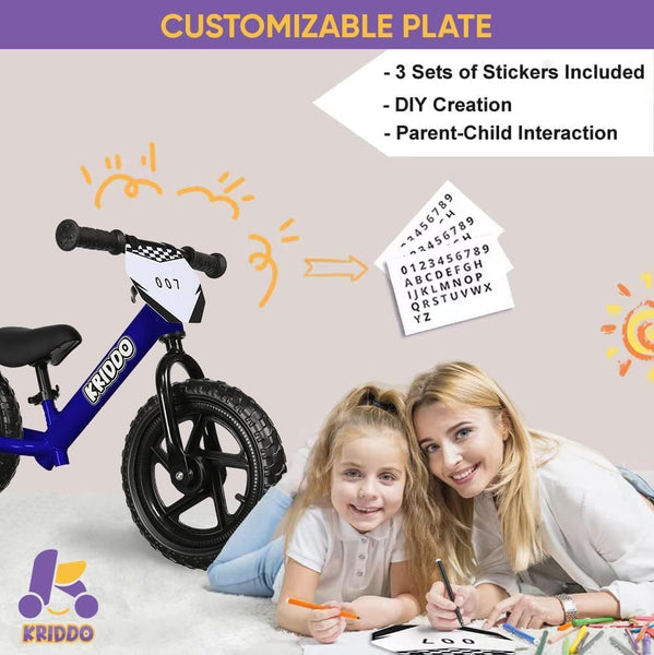 KRIDDO Toddler Balance Bike 2 Year Old, Age 18 Months to 5 Years Old, 12 Inch Push Bicycle with Customize Plate (3 Sets of Stickers Included), Gift Bike for 2-3 Boys Girls, Blue