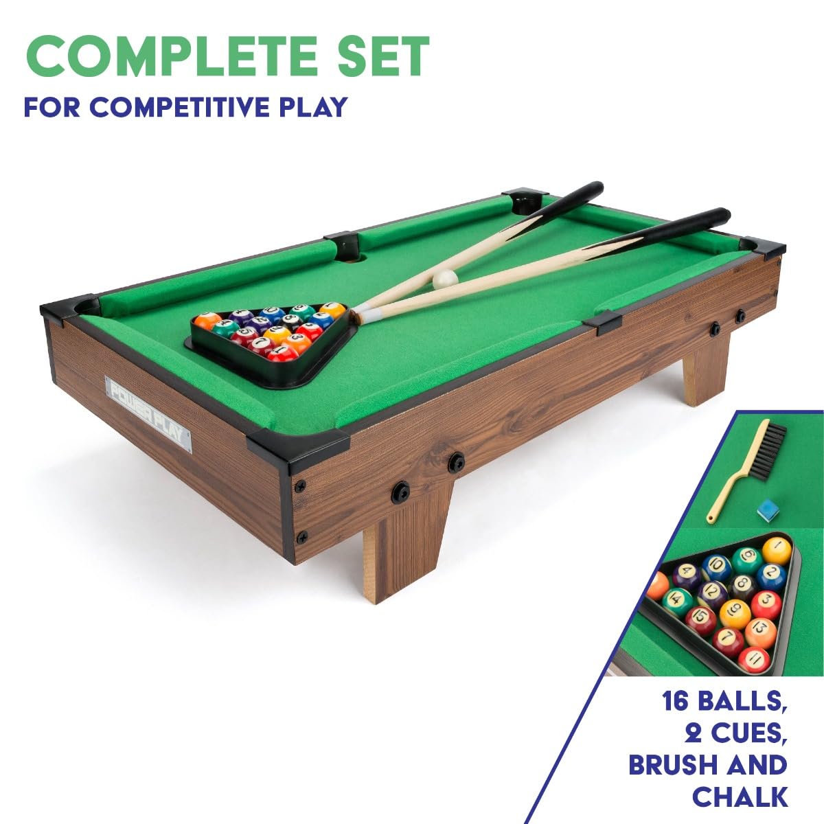 Power Play | Pool Table Game, Portable Wooden Classic Games Table, Indoor Outdoor Game for Kids and Adults, Brown 25inch