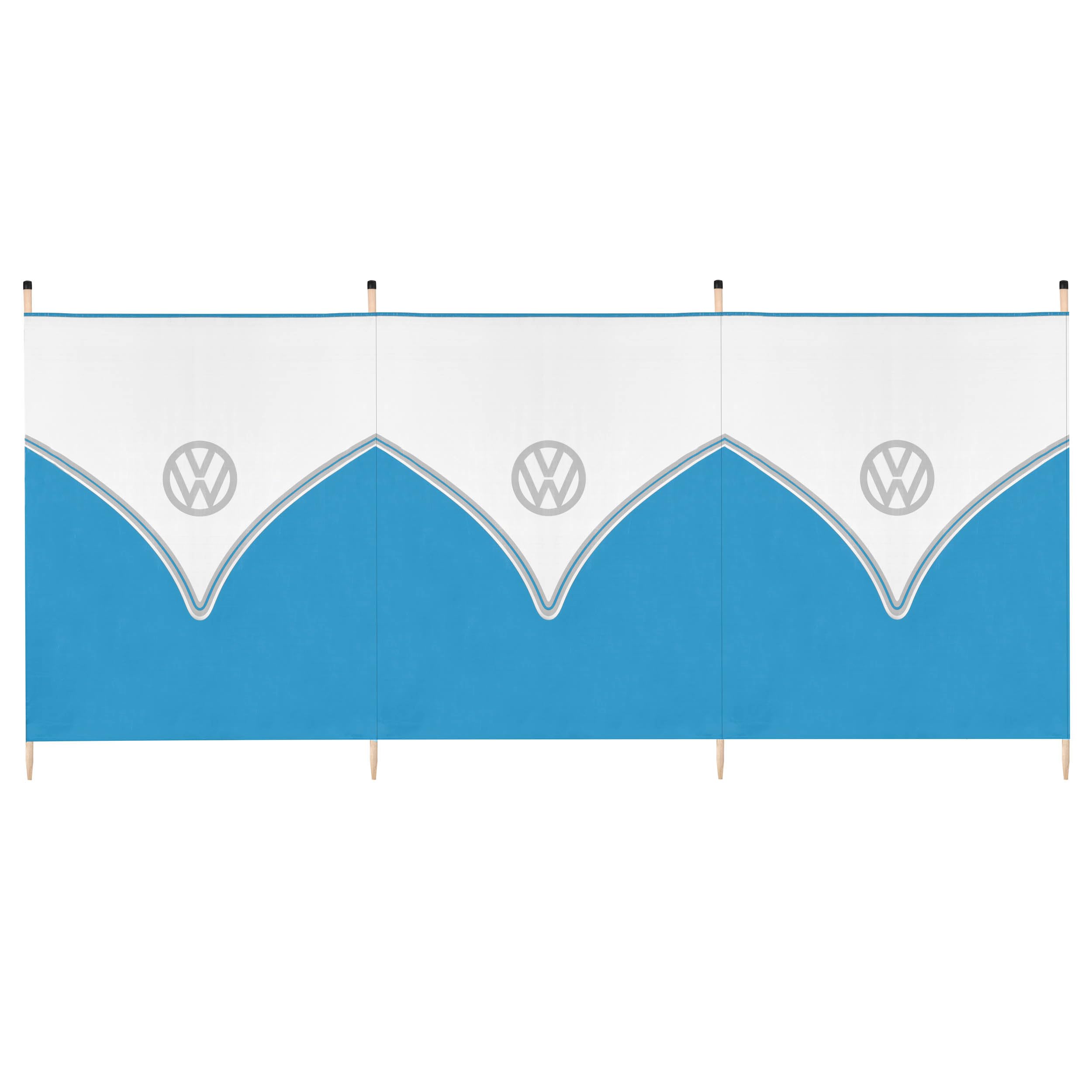 Board Masters Volkswagen Windbreak for Beach, Camping or Garden, VW 4 Pole Windbreaker Camping Sun Shade, Wooden Poles, L290cm x H120cm, Blue