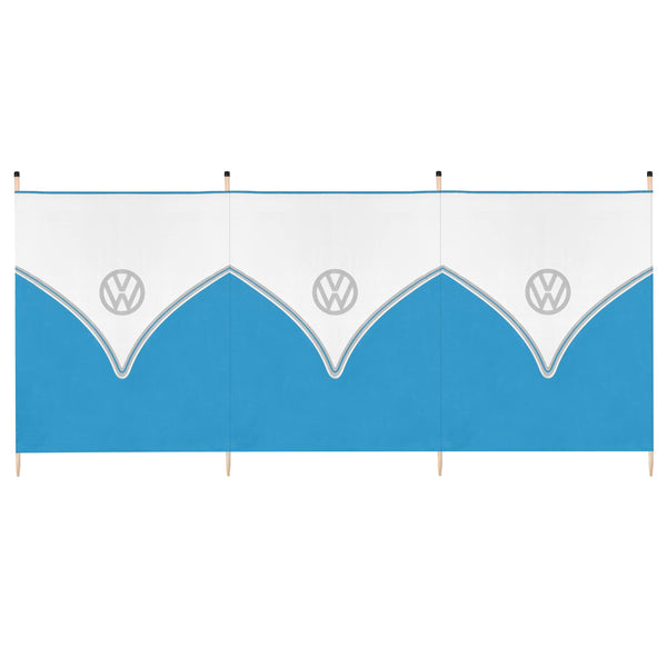 Board Masters Volkswagen Windbreak for Beach, Camping or Garden, VW 4 Pole Windbreaker Camping Sun Shade, Wooden Poles, L290cm x H120cm, Blue