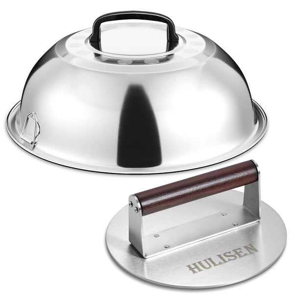 HULISEN 8.5-Inch Burger Press, 2.5 lbs Heavy Duty Bacon & Grill Press, Stainless Steel Smashed Burger Press, Round Smasher with Wood Handle, BBQ Griddle Accessories for Hamburger, Steak, Meat…