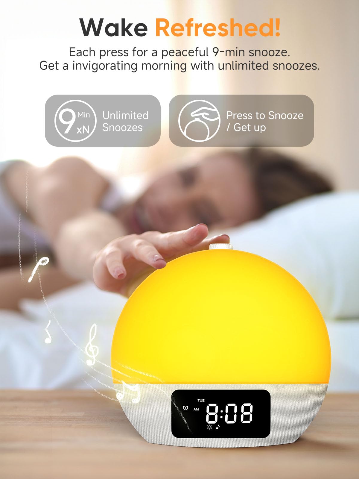 Wake-up Light, Sunrise/Sunset Alarm Clock, 9Min Snooze, Bedroom Night Lamp, 25 Soothing Sounds with 16 Volumes, Weekday/Weekend Dual Alarms, Child/Adult Alarm, Adjustable BT Party/Gathering Lamp