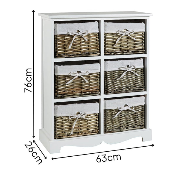 Home Source Bedroom Wooden Storage Unit, Woven Willow Wicker Baskets, 6 Drawer Wide Cabinet Chest, White