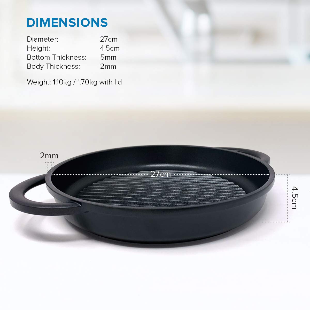 Joejis Non-Stick Induction Grill Pan - Round Cast Aluminium 27 cm - Glass Lid - Steak Fry Pan BBQ Pans PFOA Free