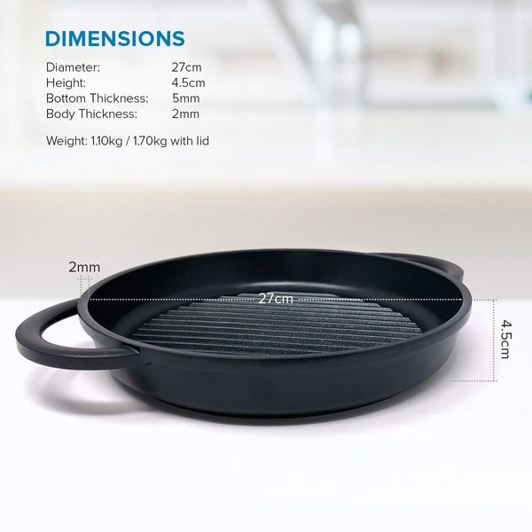 Joejis Non-Stick Induction Grill Pan - Round Cast Aluminium 27 cm - Glass Lid - Steak Fry Pan BBQ Pans PFOA Free