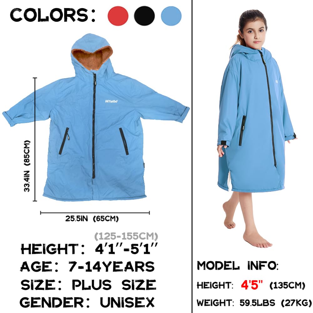 Hiturbo Kids Waterproof Changing Robe: Windproof Warm Swim Robe Oversized Surf Coat with Thick Fleece Lining Blue