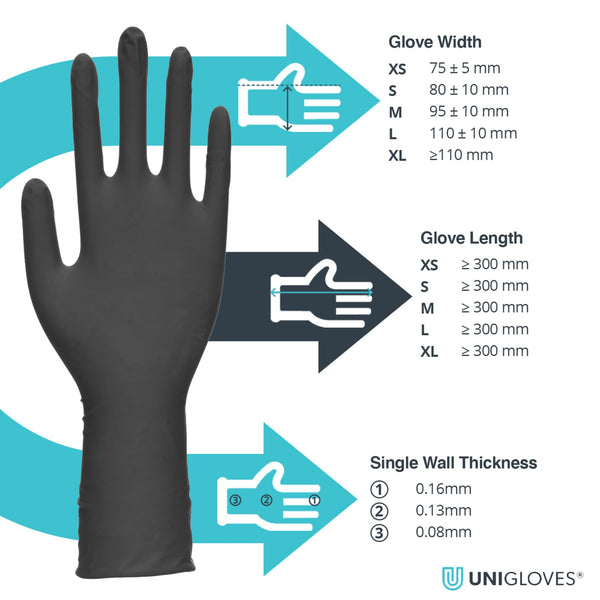 Unigloves Select Black Latex Extended Cuff GT0015 Single Use - Multipurpose, Powder Free Disposable Gloves, Optimised for Tattoo Artists, Box of 100 Gloves, Black, Extra Large