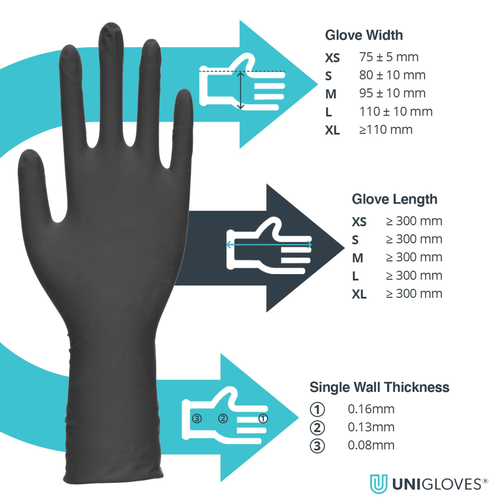 Unigloves Select Black Latex Extended Cuff GT0015 Single Use - Multipurpose, Powder Free Disposable Gloves, Optimised for Tattoo Artists, Box of 100 Gloves, Black, Extra Large