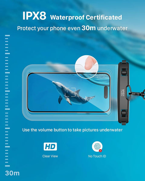 YOSH Waterproof Phone Pouch 2 Pack, 7 inch IPX8 Waterproof Phone Case for Swimming Travel Beach Trip Snorkelling Kayaking, Underwater iPhone Case for iPhone 16 15 14 Pro Max, Samsung S25 S24 Ultra