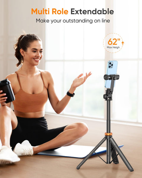 Newest 62" Phone Tripod - Tripod for iPhone & Selfie Stick with Remote, Extendable Phone Tripod stand for Filming,Travel, Solidest Smartphone Stick Compatible with iPhone and Android