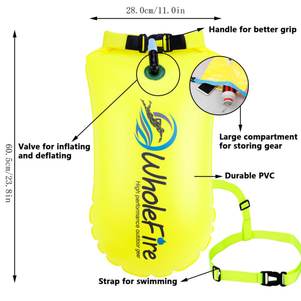 WholeFire 20L Swim Buoy Waterproof Inflatable Dry Bag Swim Safety Float for Water Sports, Open Water Swimmers, Triathletes, Kayakers and Snorkelers