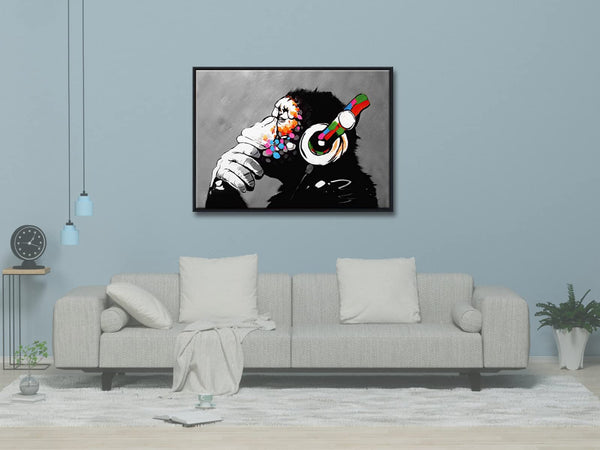 Wieco Art Black Framed Monkey With Headphones Banksy Graffiti Art Abstract Canvas Painting Posters and Prints Animal Canvas Wall Art for Wall Decor