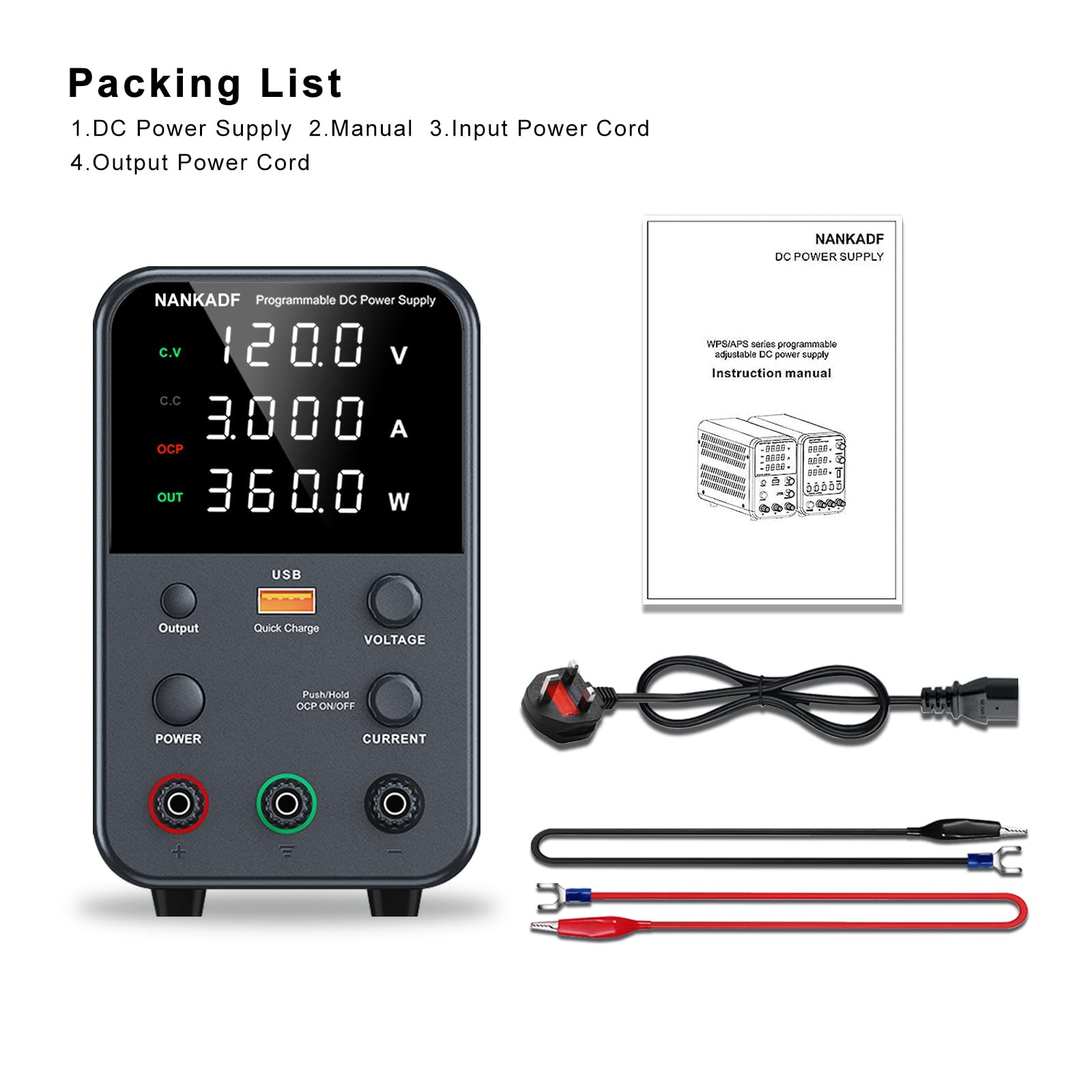 DC power supply (0-30V,0-10A) adjustable, switching power supplies, mini high precision 4-digit display with USB fast charging interface, variable lab bench power supply, output button/encoder knob