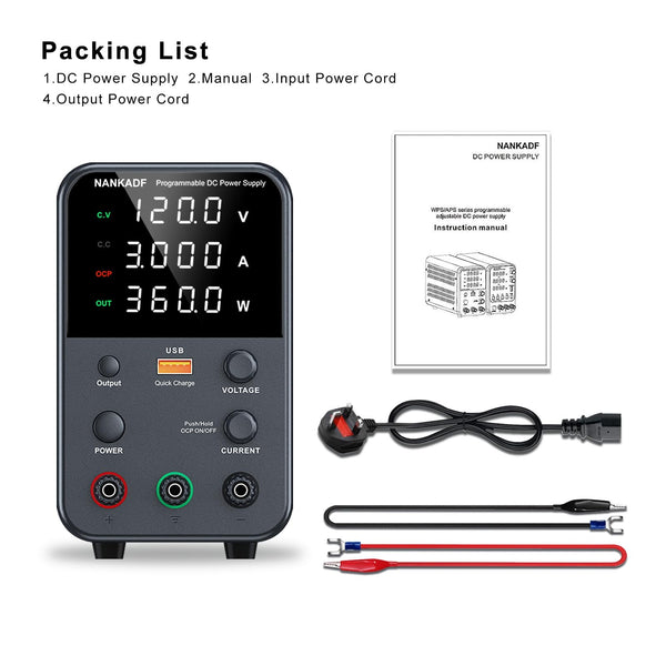 DC power supply (0-30V,0-10A) adjustable, switching power supplies, mini high precision 4-digit display with USB fast charging interface, variable lab bench power supply, output button/encoder knob
