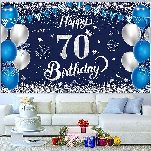 Happy 70th Birthday Banner, 1.1 x 1.8m Blue Silver 70th Birthday Decorations for Women, Men, Anniversary Party Supplies