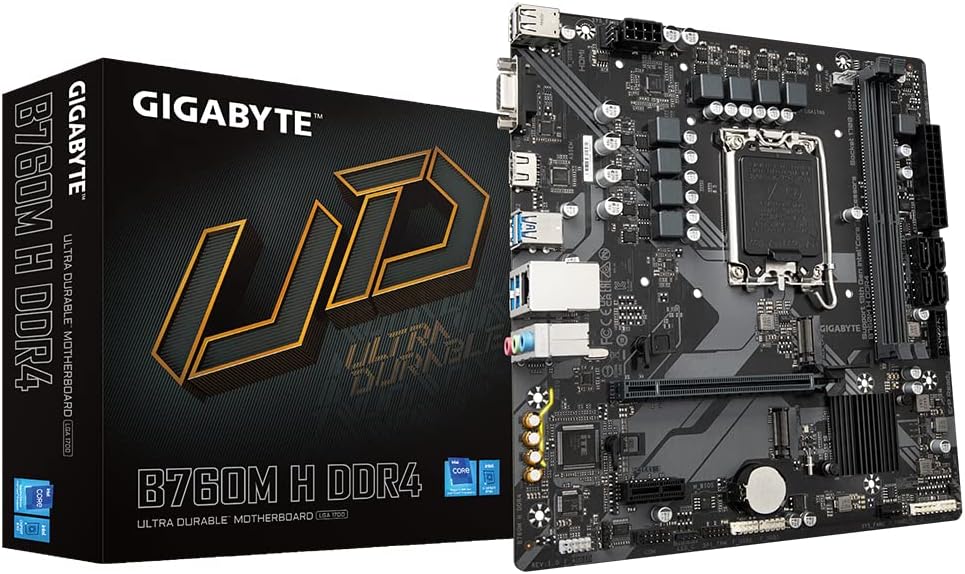 Gigabyte B760M H DDR4 Motherboard - Supports Intel Core 14th Gen CPUs, 6+1+1 Phases Digital VRM, up to 3200MHz DDR4 (OC), 2xPCIe 4.0 M.2, GbE LAN, USB 3.2 Gen1